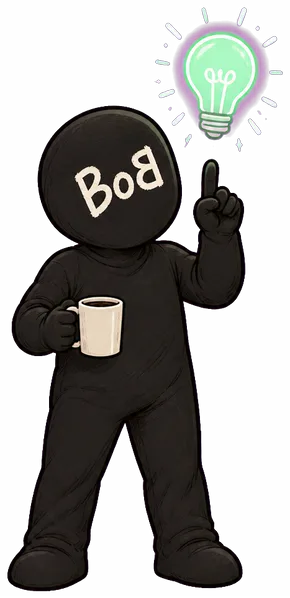 Bob, a featureless black figure with BoB written on his face
