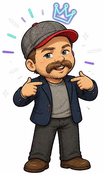 DataSherpa, in a grey cap with a red brim and a moustache