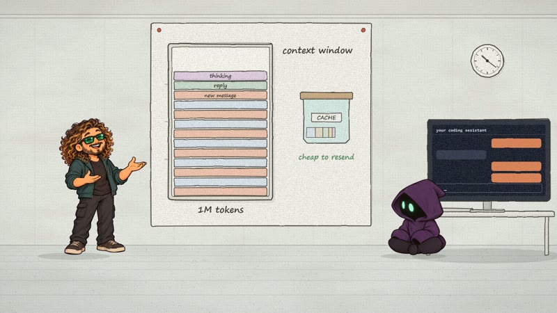 Quad H presenting a context-window diagram labelled 1M tokens, Hex at the terminal